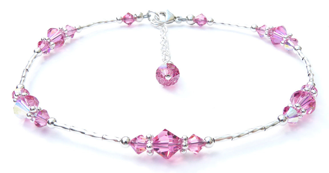 Handmade Pink Tourmaline October birthstone anklet in 925 sterling silver with liquid silver beads and extender.