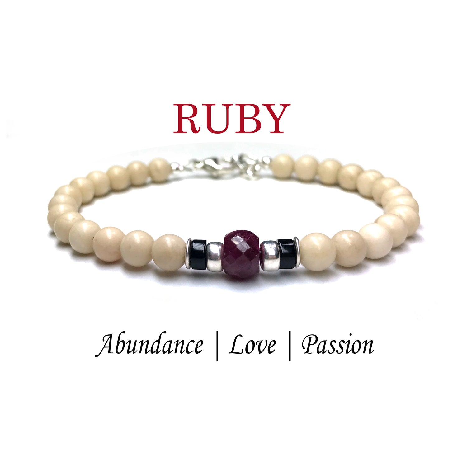 Faceted Red Ruby Mens Birthstone Bracelet, July Birthstone Jewelry, Cancer Zodiac Bracelet, 6MM Gemstone Beaded Black Onyx Birthday Gift