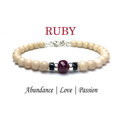 Faceted Red Ruby Mens Birthstone Bracelet, July Birthstone Jewelry, Cancer Zodiac Bracelet, 6MM Gemstone Beaded Black Onyx Birthday Gift