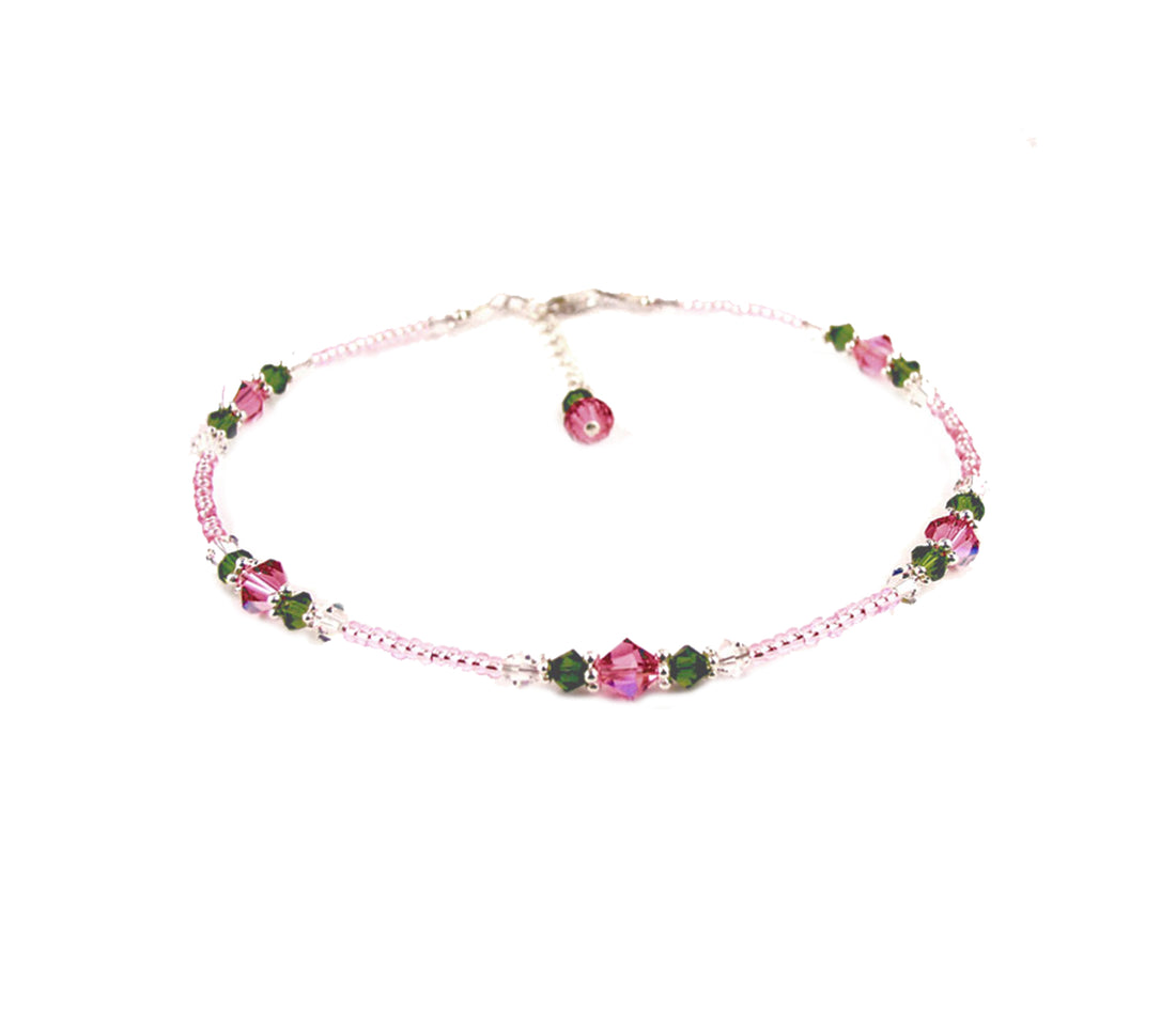 Pink Tourmaline "Pink Rose Garden" Flower Anklet, Handmade Crystal Beaded Ankle Bracelets, Gardeners Gifts, Sterling Silver