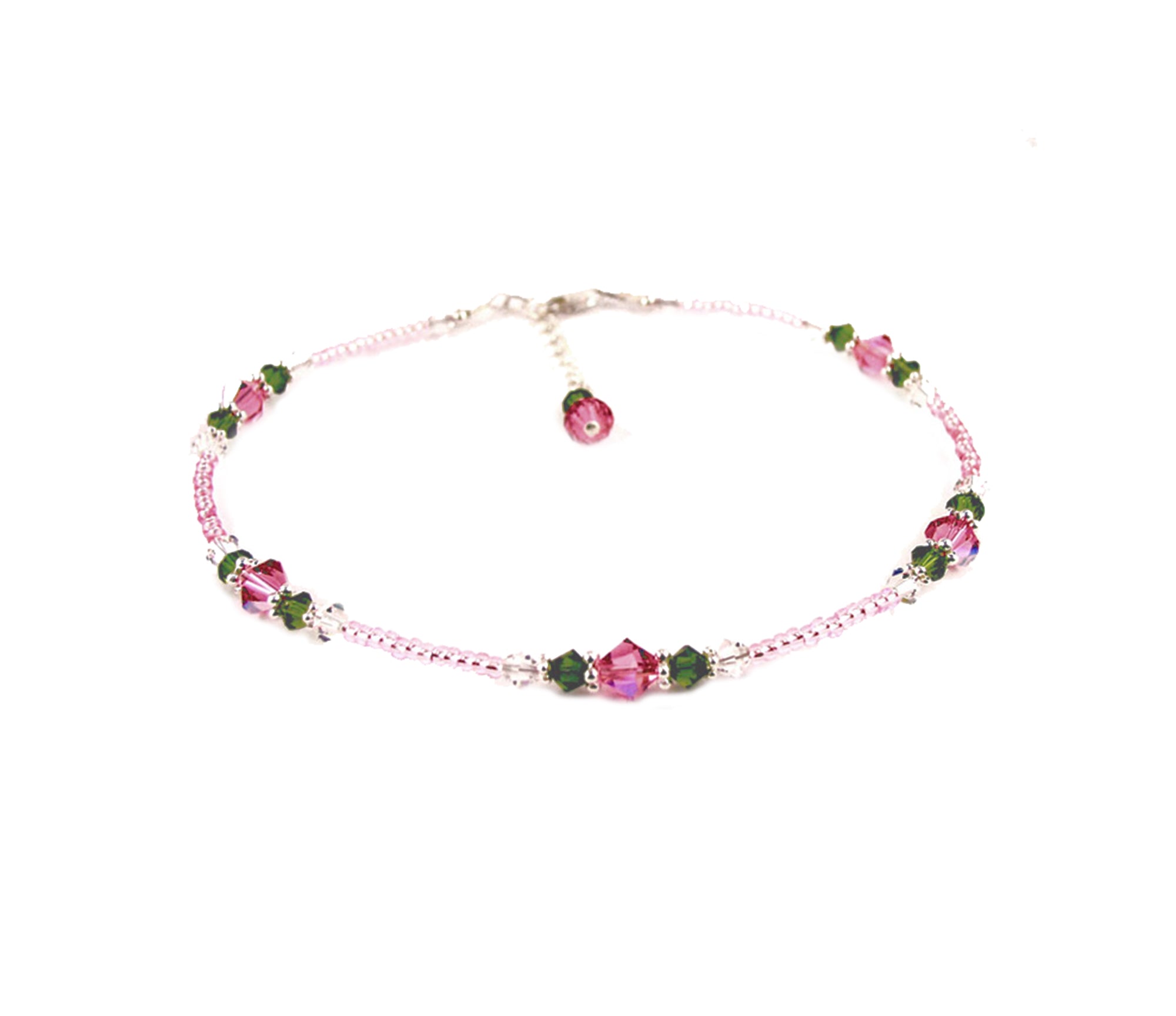 Pink Tourmaline "Pink Rose Garden" Flower Anklet, Handmade Crystal Beaded Ankle Bracelets, Gardeners Gifts, Sterling Silver