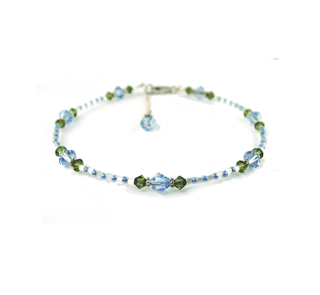 Aquamarine Anklet, "Blue Morning Glory" Flowers, Handmade Birthstone Crystal Beaded Ankle Bracelet Gardener Gifts