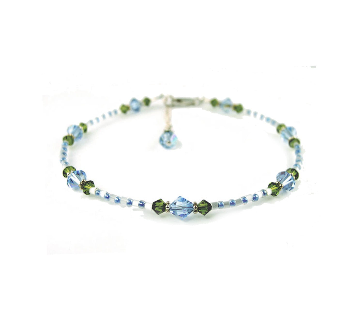 Aquamarine Anklet, "Blue Morning Glory" Flowers, Handmade Birthstone Crystal Beaded Ankle Bracelet Gardener Gifts