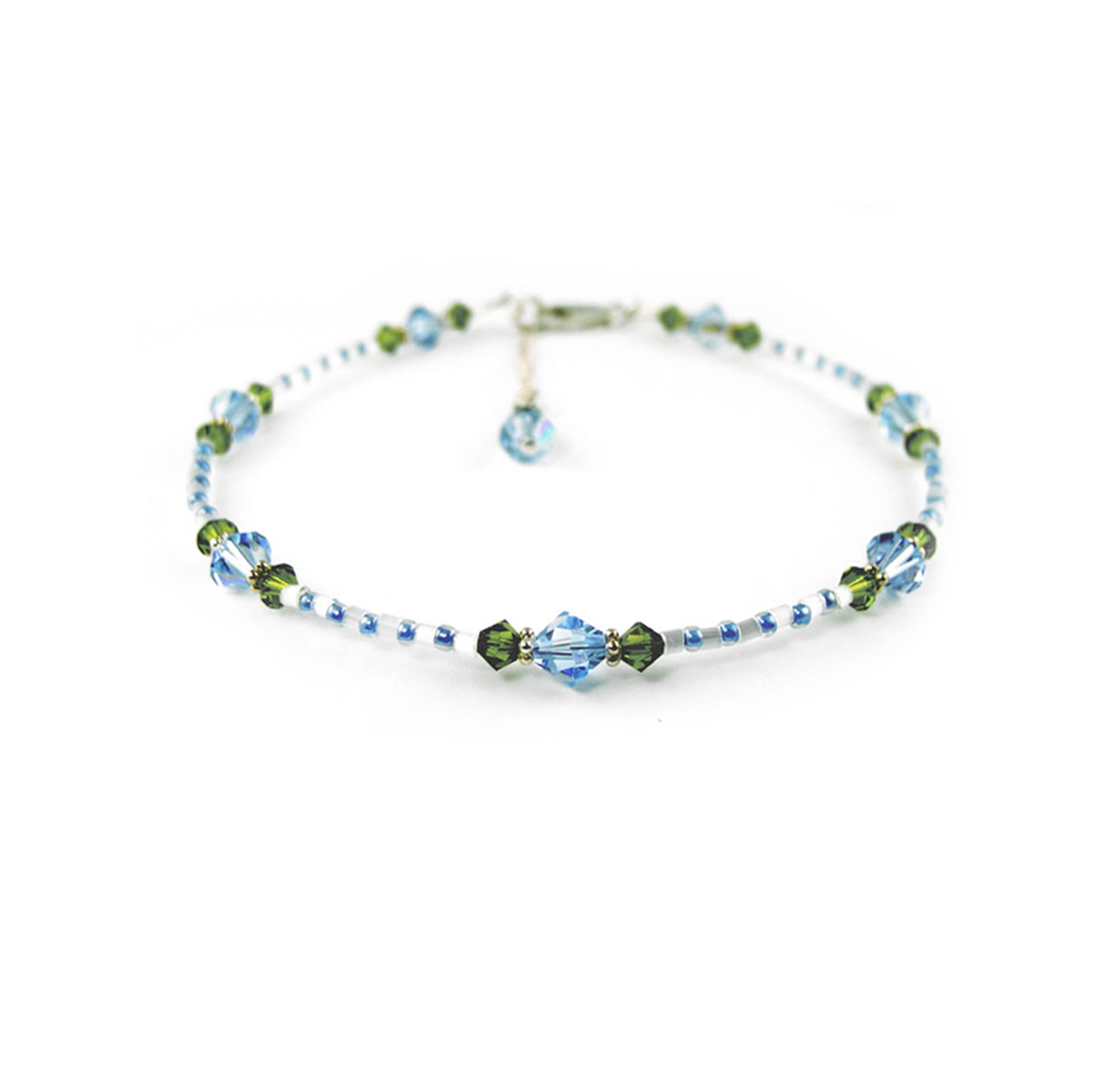Aquamarine Anklet, "Blue Morning Glory" Flowers, Handmade Birthstone Crystal Beaded Ankle Bracelet Gardener Gifts