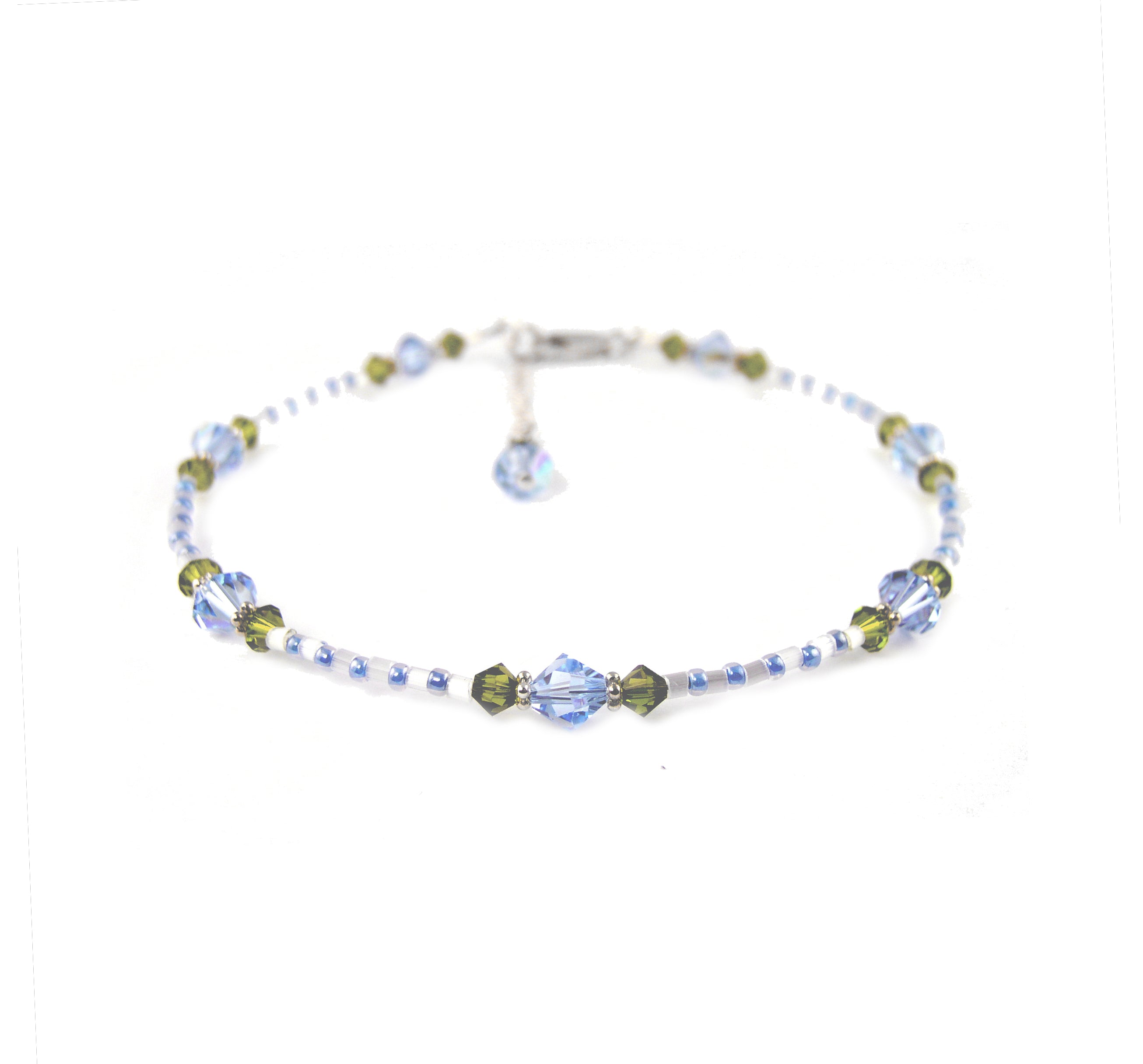 Aquamarine Anklet, "Blue Morning Glory" Flowers, Handmade Birthstone Crystal Beaded Ankle Bracelet Gardener Gifts
