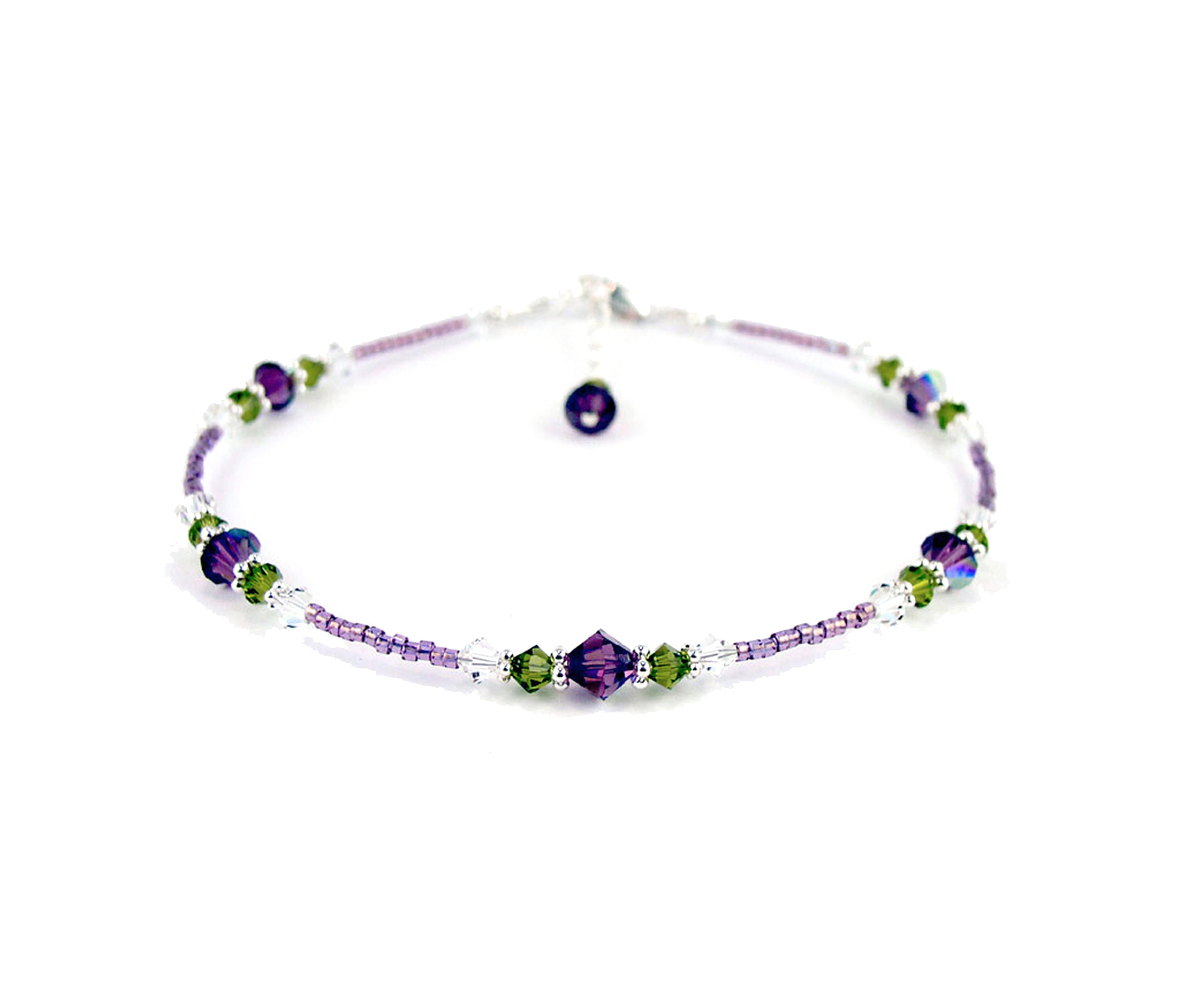 Amethyst "Purple Wisteria" Flowers, Handmade Birthstone Crystal Beaded Ankle Bracelet, Floral Gardeners Gifts