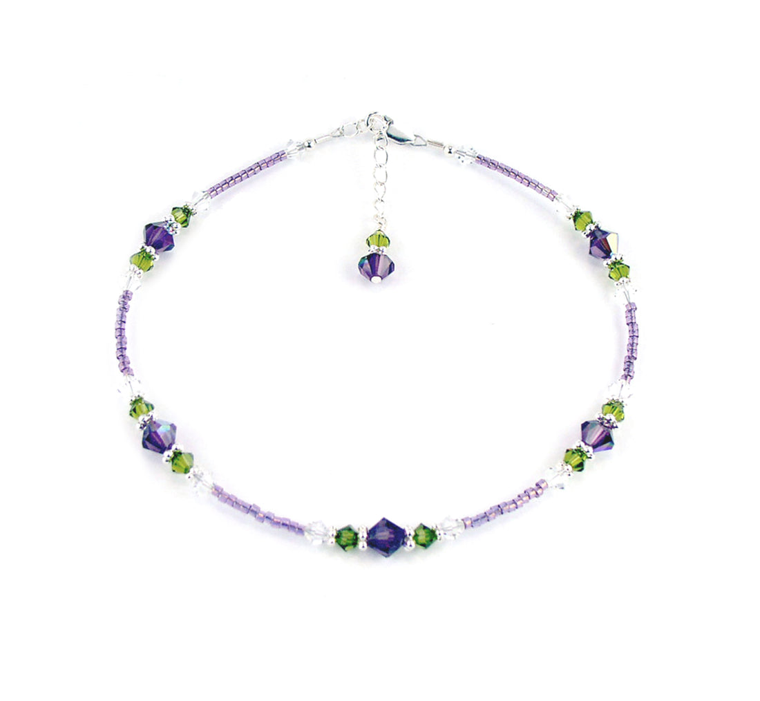 Amethyst "Purple Wisteria" Flowers, Handmade Birthstone Crystal Beaded Ankle Bracelet, Floral Gardeners Gifts