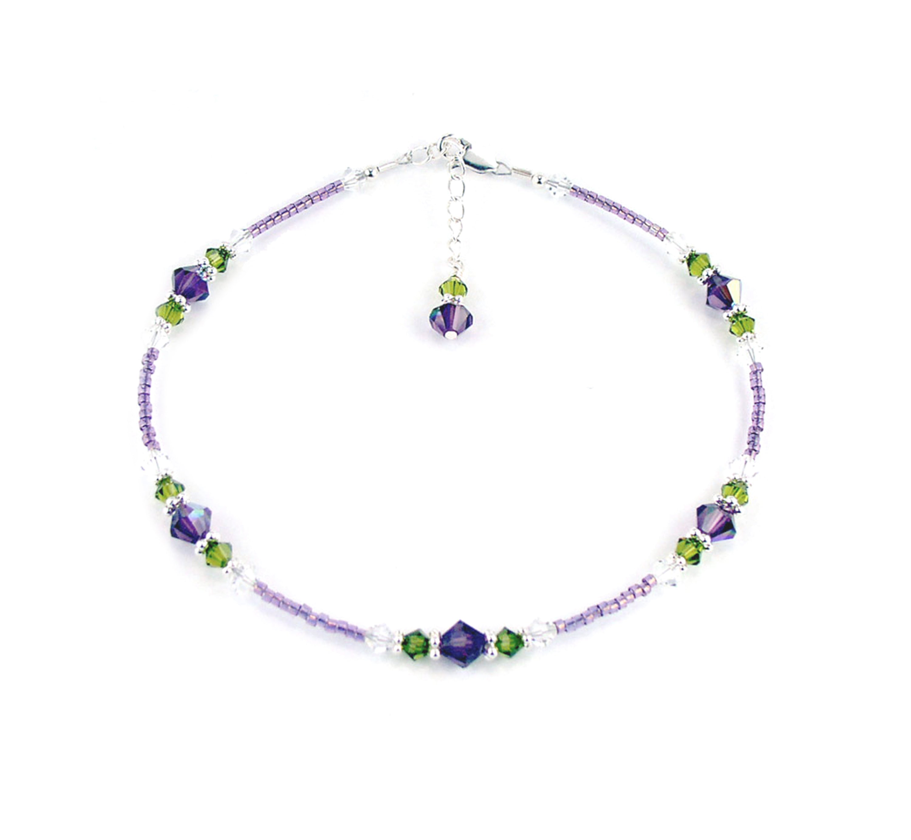 Amethyst "Purple Wisteria" Flowers, Handmade Birthstone Crystal Beaded Ankle Bracelet, Floral Gardeners Gifts