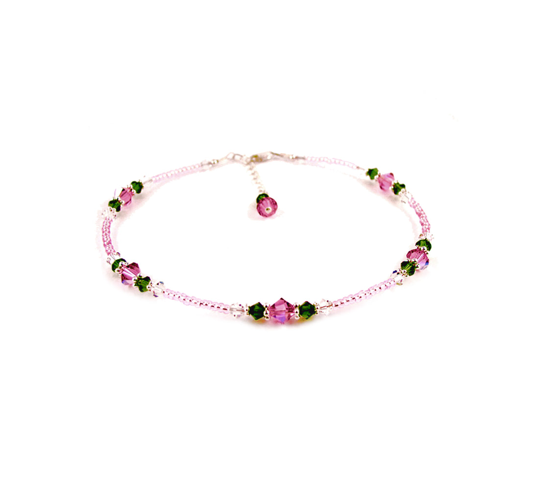 Pink Tourmaline "Pink Rose Garden" Flower Anklet, Handmade Crystal Beaded Ankle Bracelets, Gardeners Gifts, Sterling Silver