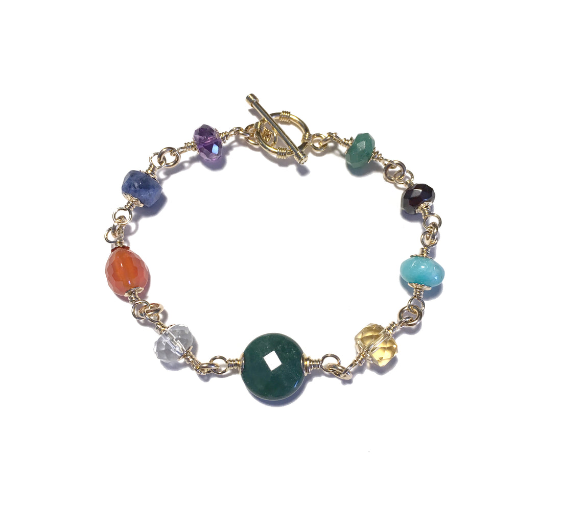 7 Chakra Bracelets, 14K GF Asymmetrical Mindfulness Gift, Real Crystals Gemstone Meditation Gifts B7007