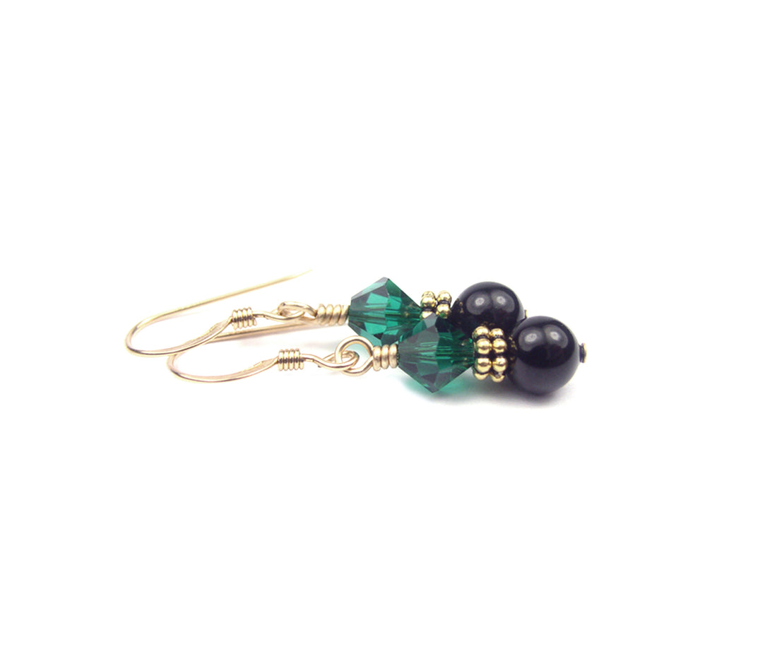 14Kt GF Emerald Earrings, May Birthstone Earrings, Black Pearl Drop Earrings, Austrian Crystal Earrings, Green Crystal Jewelry