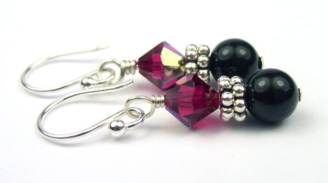 Silver Black Pearl and Crystal Earrings July Ruby Genuine Crystal Jewelry