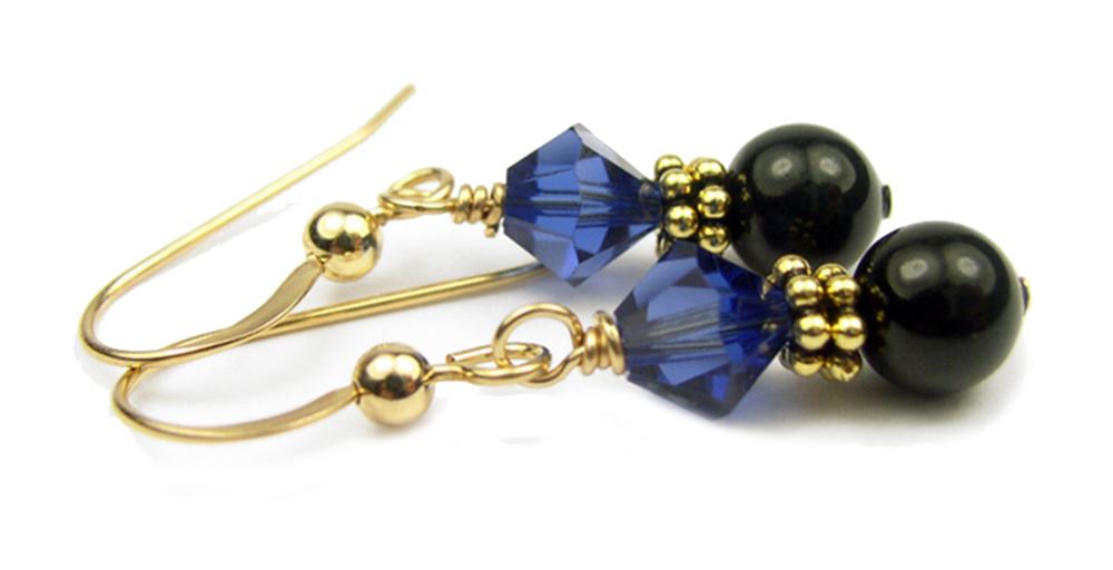 14Kt GF Sapphire Earrings, September Birthstone Earrings, Black Pearl Drop Earrings, Austrian Crystal Earrings, Blue Crystal Jewelry