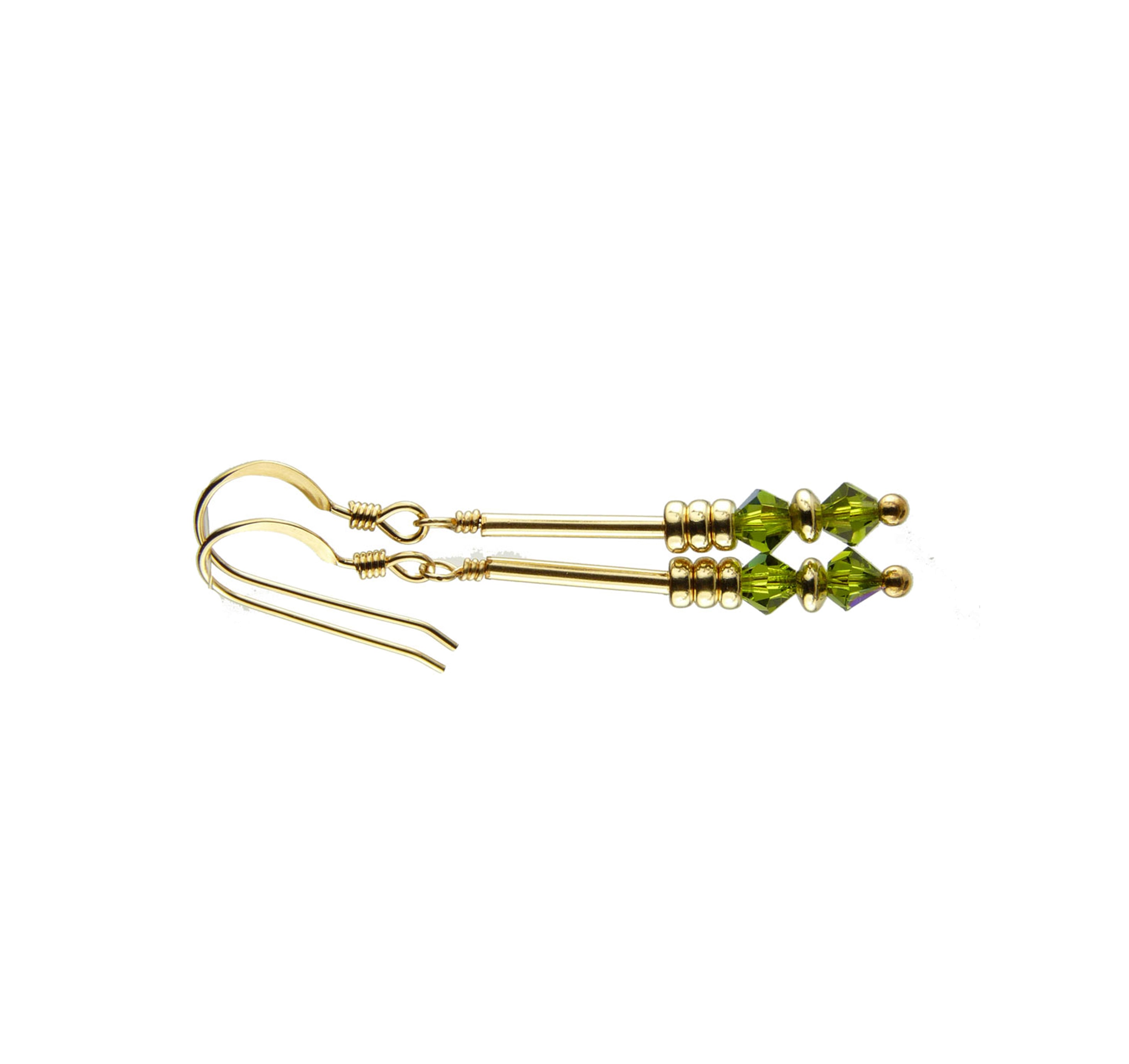 Olivine Crystal Earrings, (Dark Peridot) August Birthstone Earrings, Green Minimalist 14K GF Dangle Earrings, Crystal Jewelry Elements