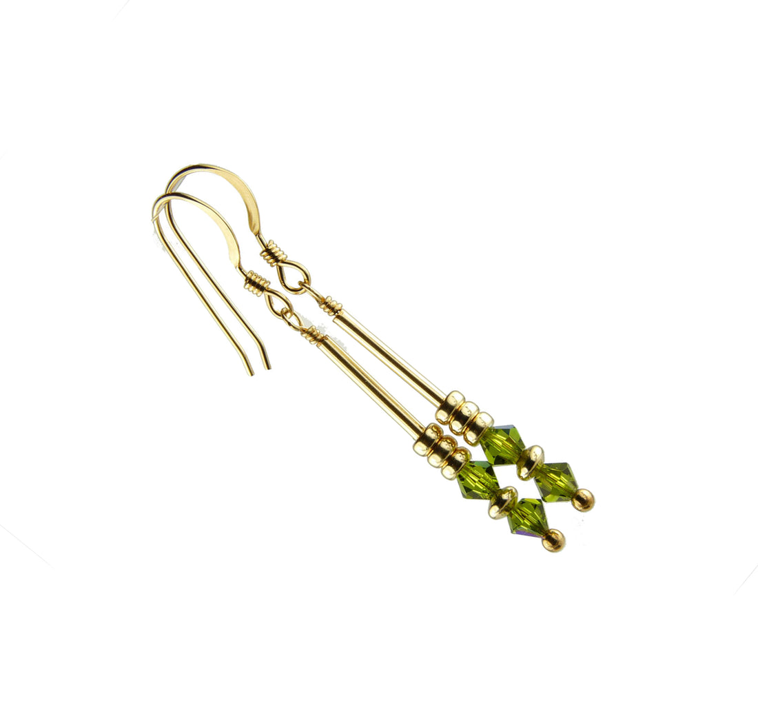 Olivine Crystal Earrings, (Dark Peridot) August Birthstone Earrings, Green Minimalist 14K GF Dangle Earrings, Crystal Jewelry Elements