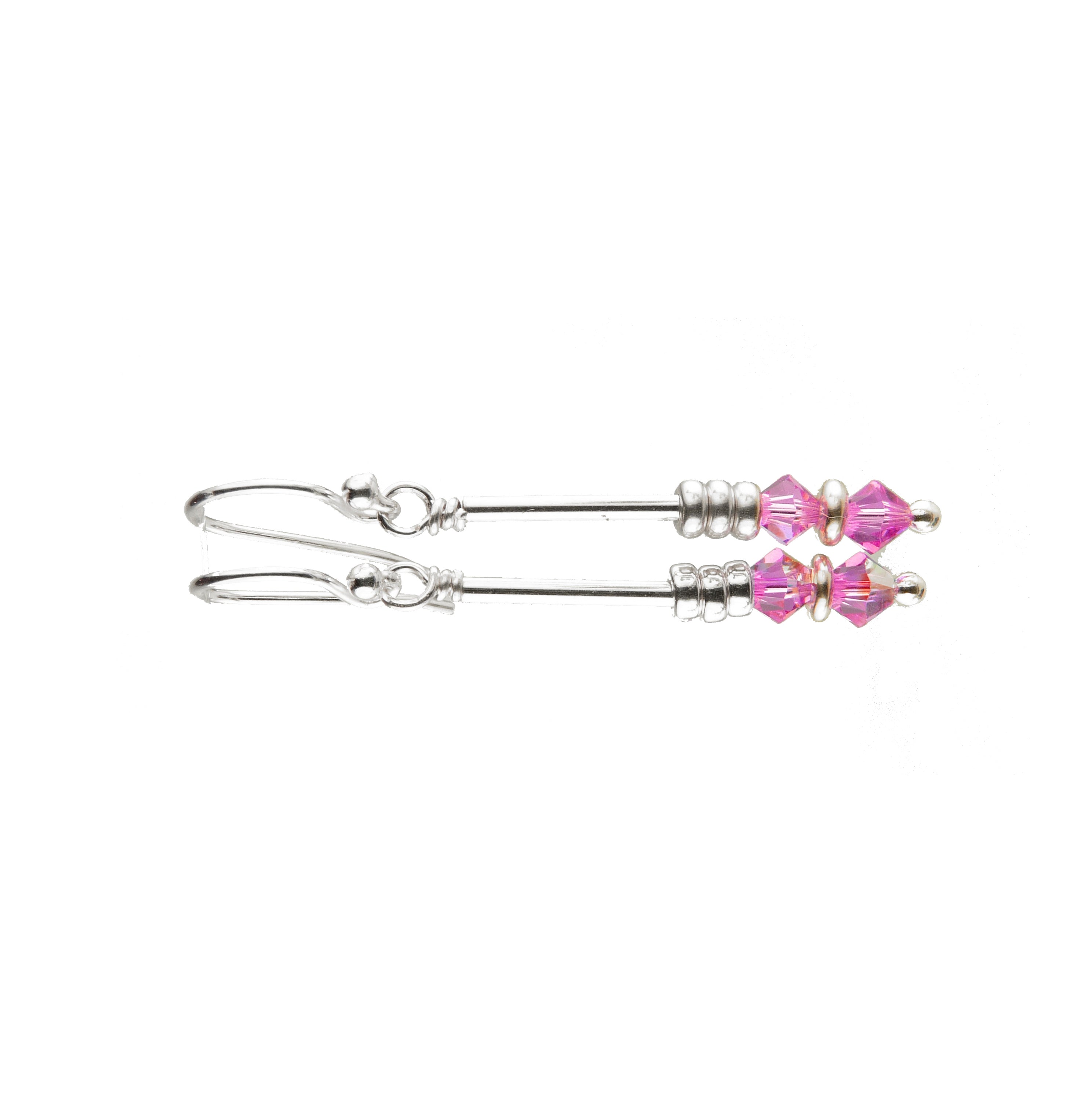 Silver Long Dangle Earrings October Rose (Pink Tourmaline) Crystals