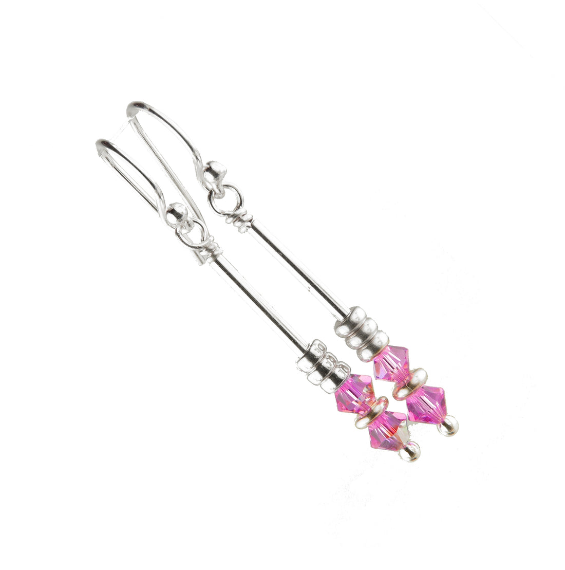 Silver Long Dangle Earrings October Rose (Pink Tourmaline) Crystals