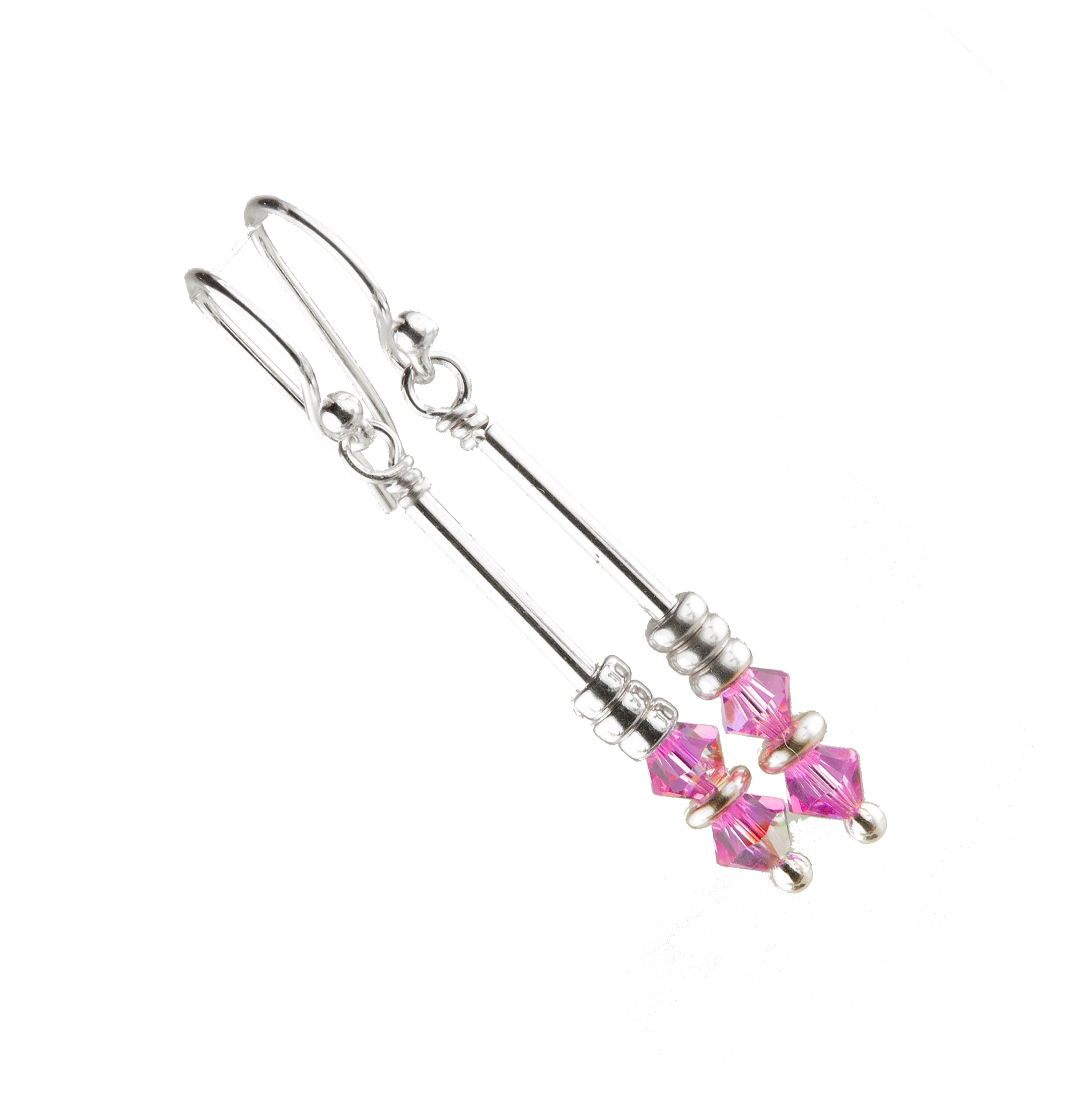 Silver Long Dangle Earrings October Rose (Pink Tourmaline) Crystals