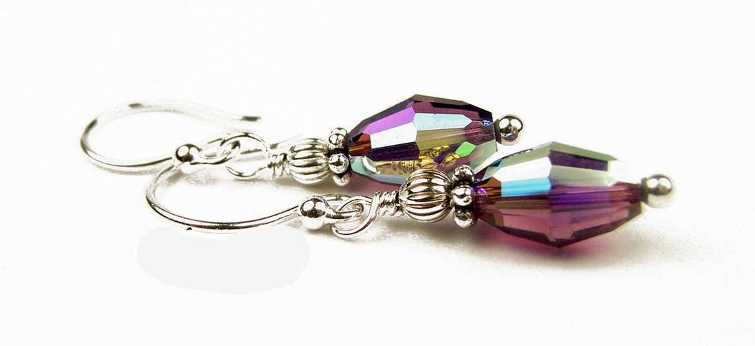 Amethyst Earrings, February Birthstone Earrings, Handmade Silver Purple Austrian Crystal Earrings, Tear Drop Earrings