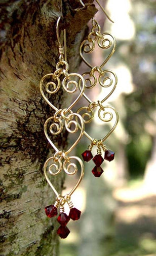 Gold Filled Red Garnet Crystal Jewelry Chandelier Earrings "String of Hearts"