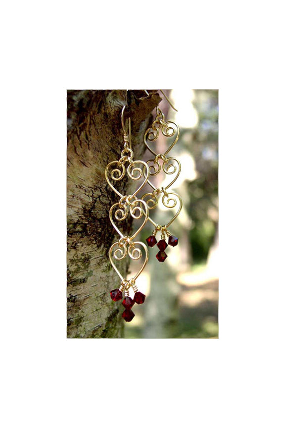 Gold Filled Red Garnet Crystal Jewelry Chandelier Earrings "String of Hearts"