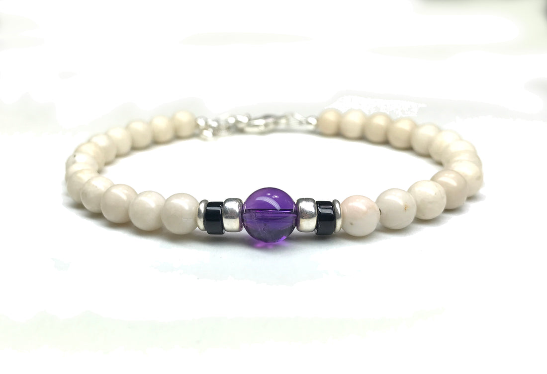Purple Amethyst Birthstone Bracelets for Men, February Aquarius & Pisces Zodiac Gemstones, 6MM Beaded Bracelets