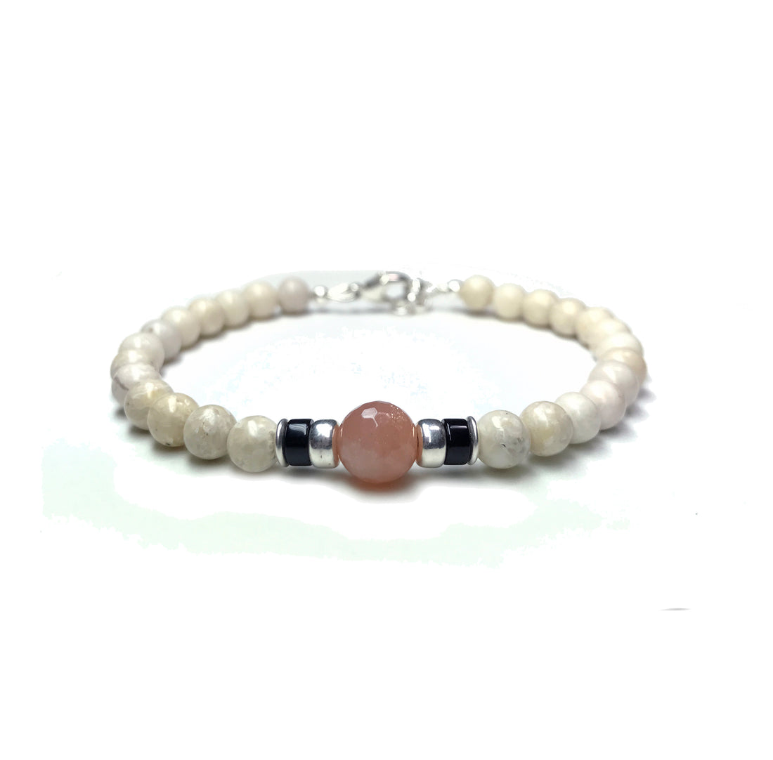 Pink Moonstone Birthstone Bracelets for Men, June Gemini & Cancer Zodiac Stones, 6MM Beaded Father & Son Gifts