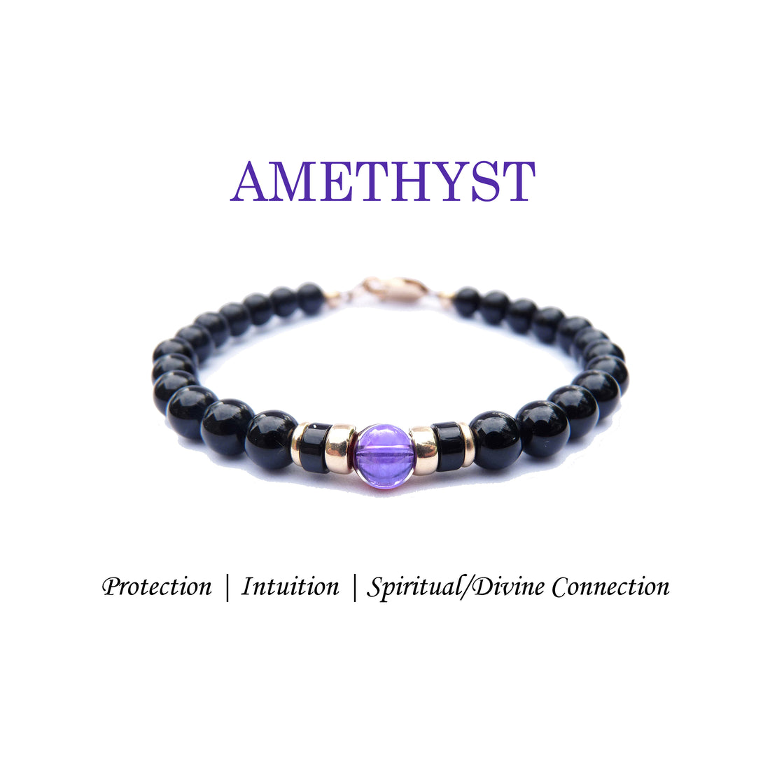Purple Amethyst Mens Birthstone Bracelet, February Aquarius & Pisces Zodiac Gemstones, 6MM Black Beaded Bracelets