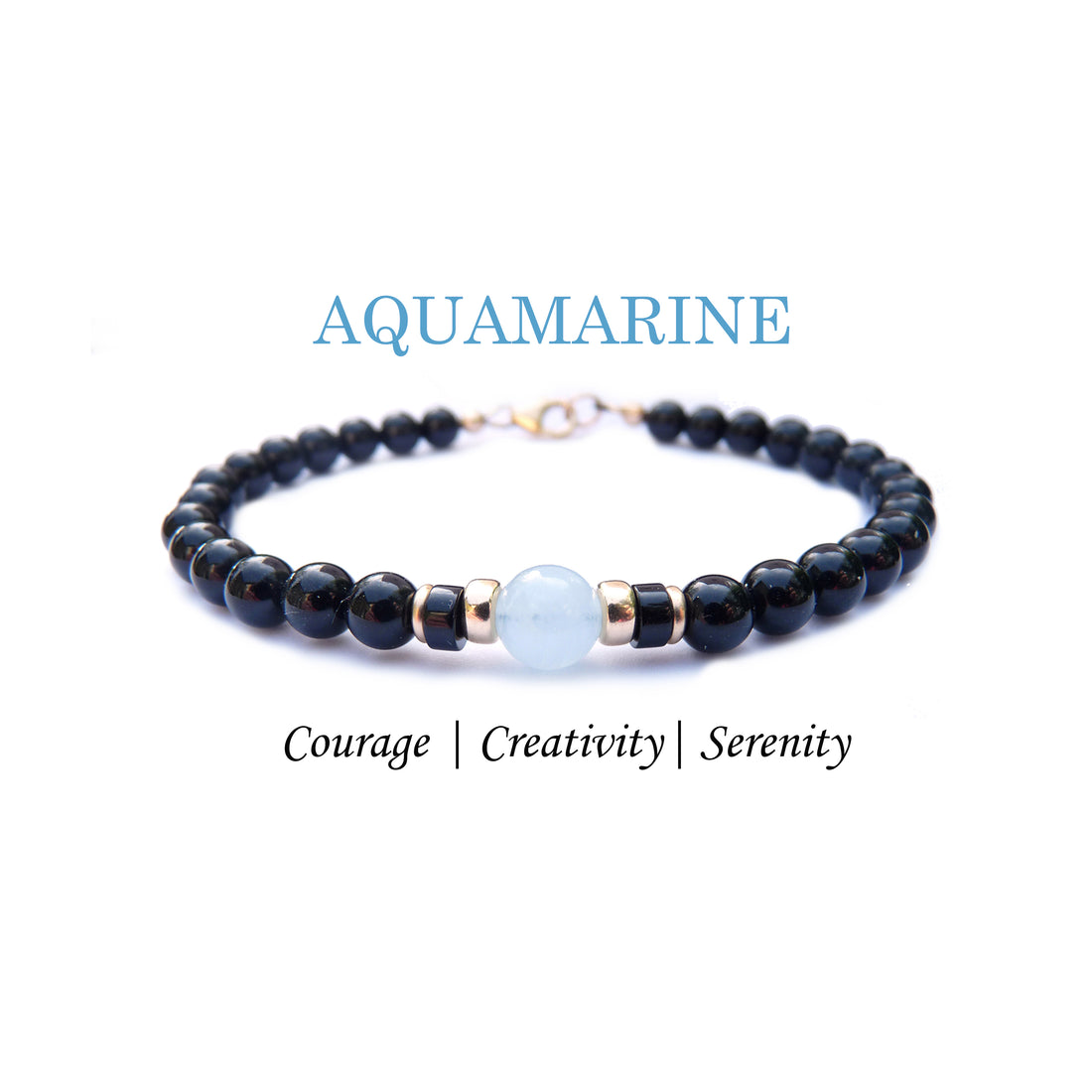 Blue Aquamarine Mens Birthstone Bracelet, March Pisces & Aries Zodiac Gemstones, Mens 6MM Beaded Black Onyx Birthday Gift