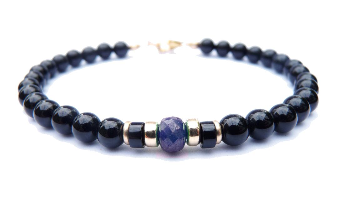 Faceted Sapphire Mens Birthstone Bracelet, September Virgo Zodiac Black Onyx Beaded Bracelet