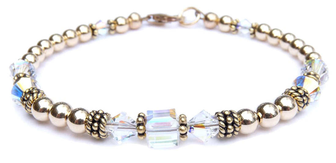 14K GF Clear Crystal Bracelets, April Birthstone Bracelets, Beaded Bracelets, Crystal Jewelry
