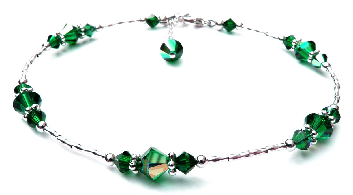 Emerald May Silver Handmade Birthstone Crystal Beaded Ankle Bracelet Birthday Gift for Her