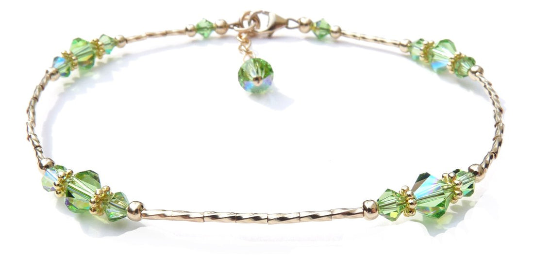 Peridot August Birthstone Anklets, Gold Handmade Crystal Beaded Ankle Bracelets