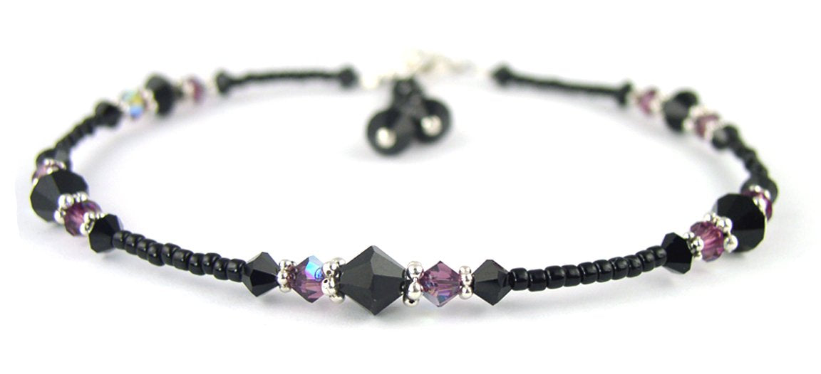 Black Anklet, Amethyst February Birthstone Handmade Beaded Anklet, Seed Bead Anklet, Cute Crystal Boho Anklet