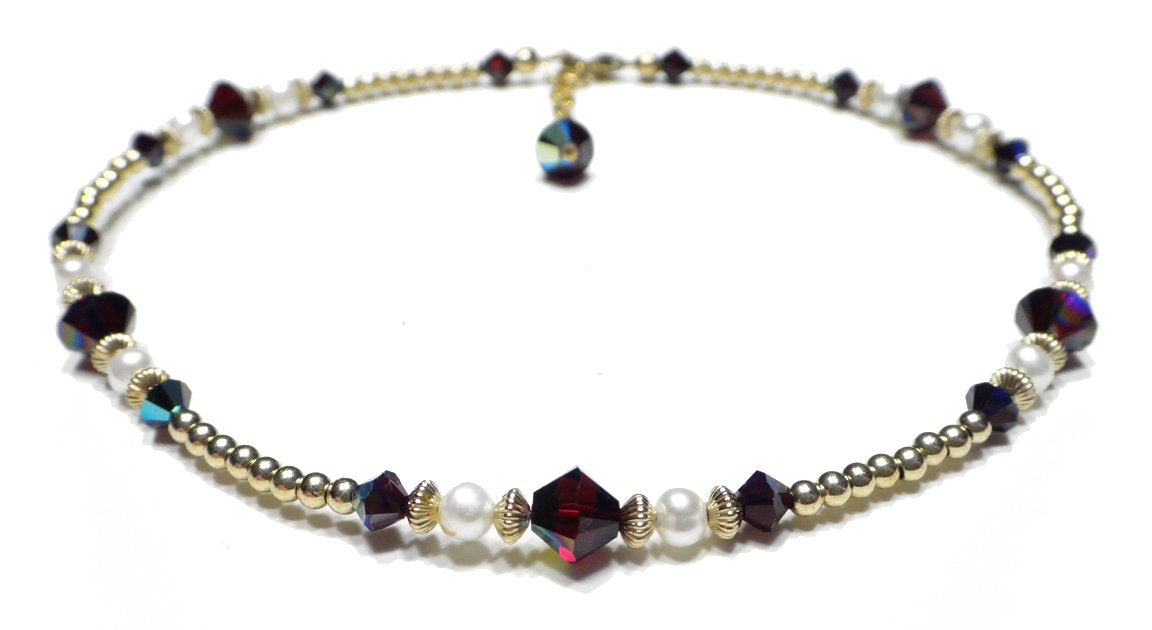 Garnet Ankle Bracelet, Crystal Beaded Anklets for Women, Red Garnet Jewelry, January Birthstone, Capricorn Birthday Gifts for Her in Gold & Sterling Silver