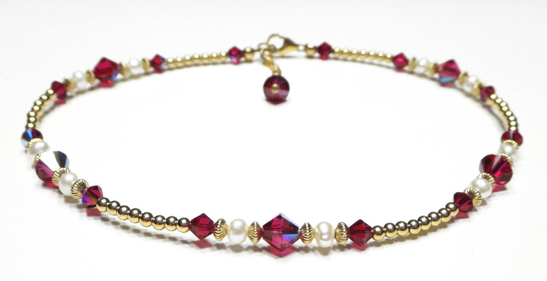 Handmade Gold Ruby Anklet, July Birthstone Anklet, Gold Beaded Ankle Bracelet