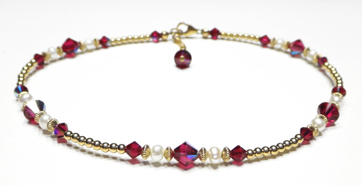 Handmade Gold Ruby Anklet, July Birthstone Anklet, Gold Beaded Ankle Bracelet