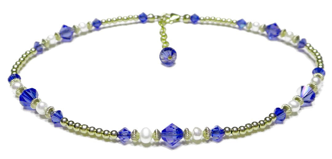 Handmade Gold Dark Sapphire Anklet, September Birthstone Anklet, Gold Beaded Ankle Bracelet