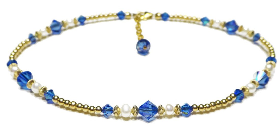 Handmade Gold Sapphire Anklet, September Birthstone Anklet, Gold Beaded Ankle Bracelet