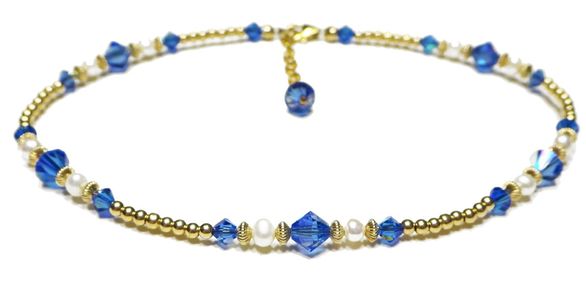 Handmade Gold Sapphire Anklet, September Birthstone Anklet, Gold Beaded Ankle Bracelet