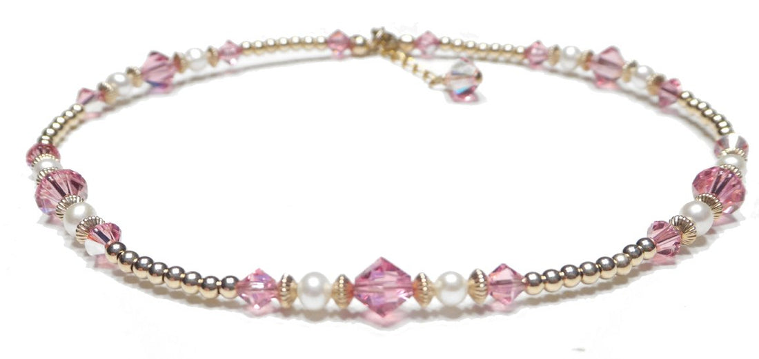 Handmade Gold Pink Tourmaline Anklet, October Birthstone Anklet, Gold Beaded Ankle Bracelet