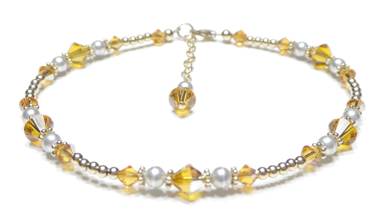 Silver Yellow Topaz Anklet, November Birthstone Crystal Beaded Ankle Bracelets, Colorful BoHo Seed Bead Anklets