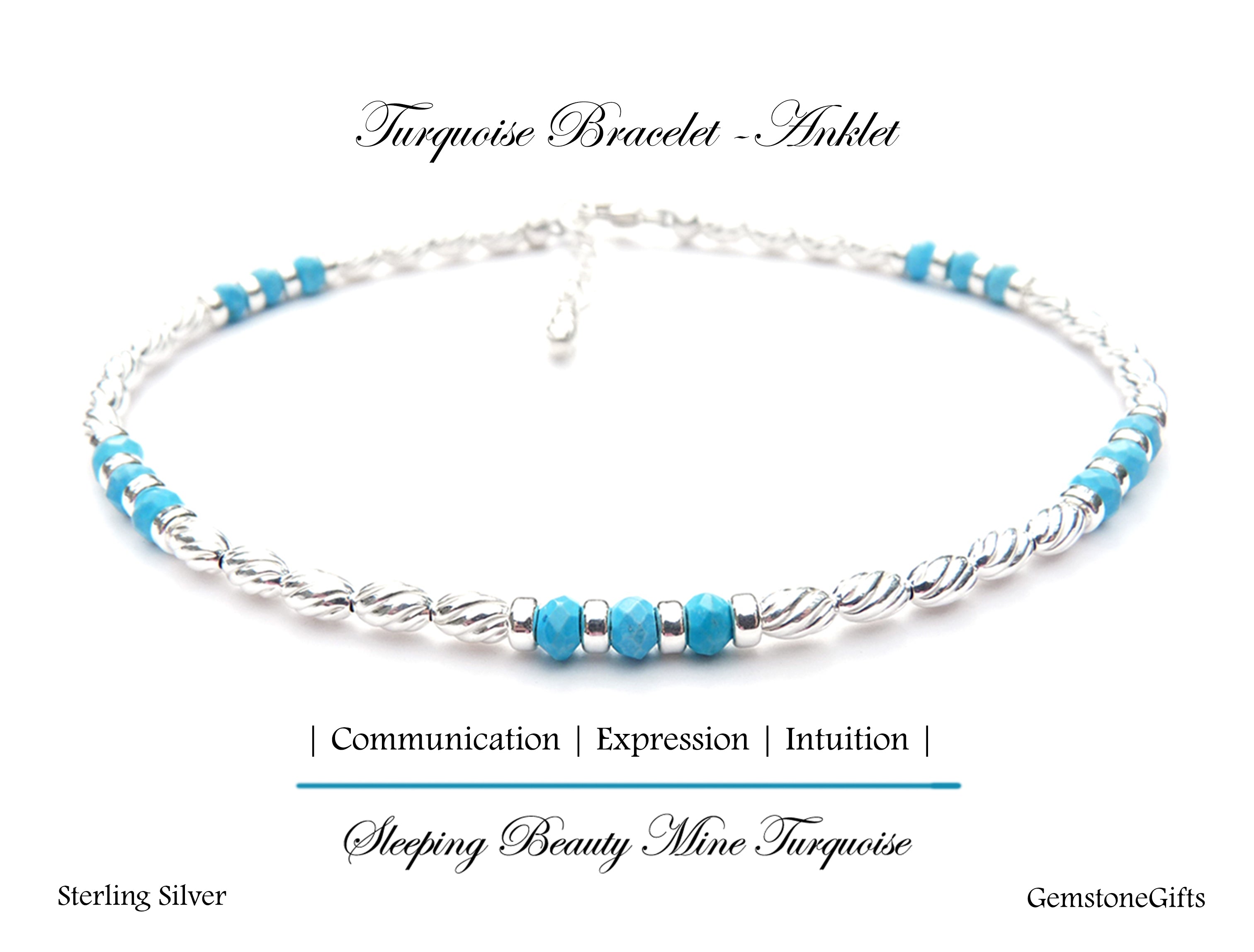 Blue Turquoise Anklet, December Birthstone Anklet, Handmade Gemstone Anklet, Silver Beaded Anklet, Sleeping Beauty Mine Turquoise