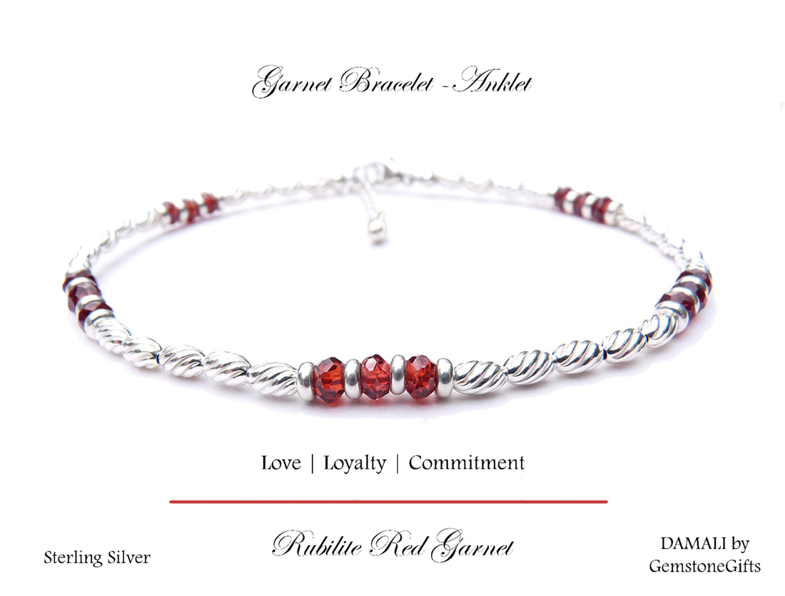 Garnet Ankle Bracelet, Gemstone Beaded Anklets for Women, Red Garnet Jewelry, January Birthstone, Capricorn Birthday Gifts for Her in Gold & Sterling Silver