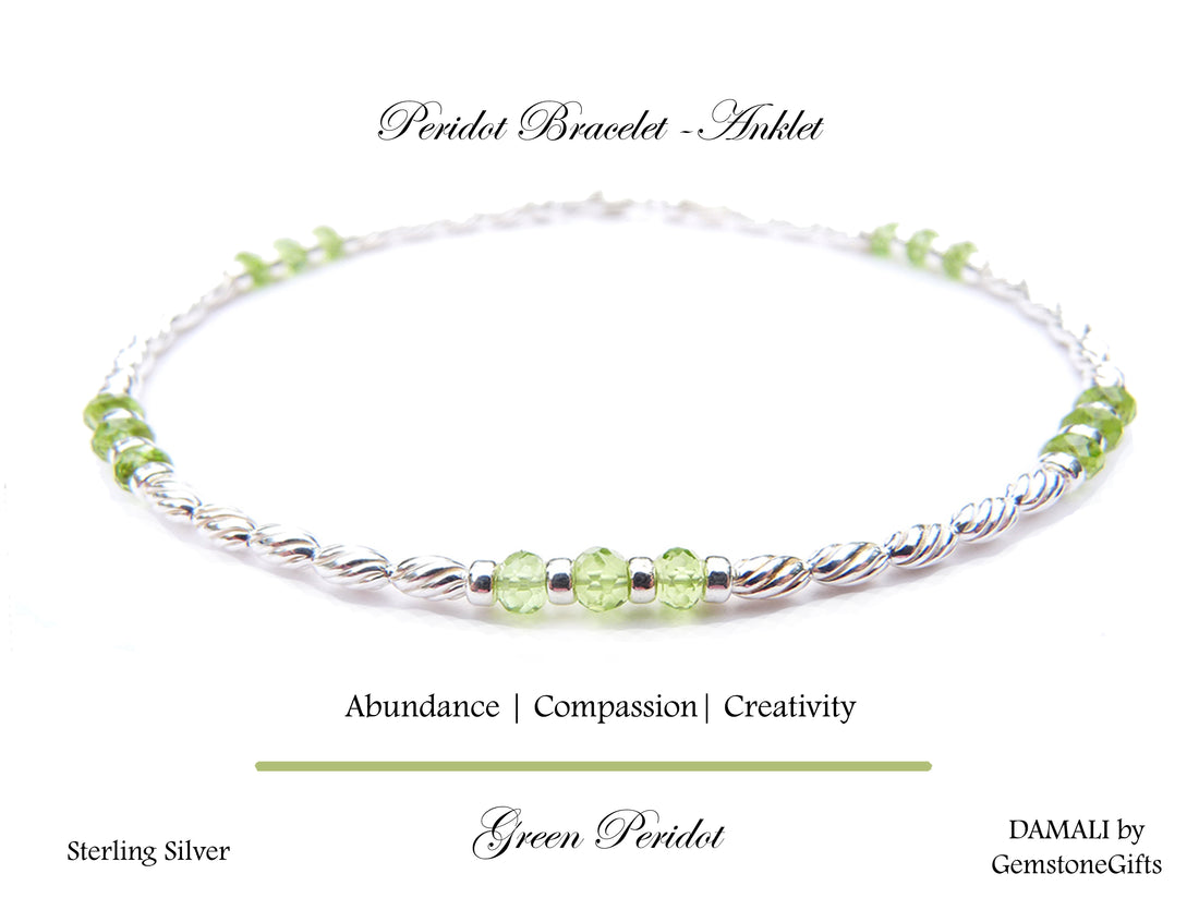 Green Peridot Anklet, August Birthstone Anklet, Handmade Gemstone Anklet, Silver Beaded Anklet