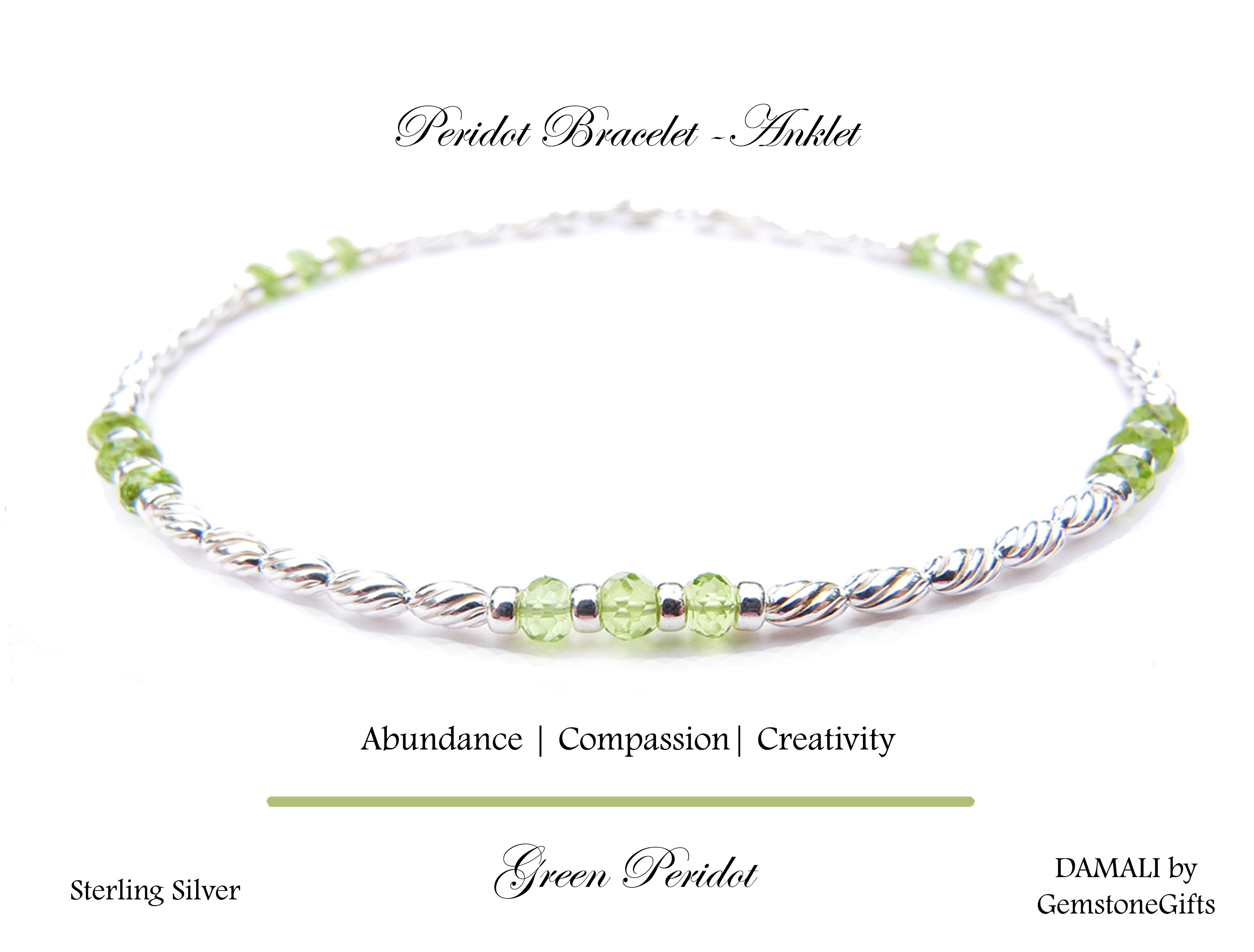 Green Peridot Anklet, August Birthstone Anklet, Handmade Gemstone Anklet, Silver Beaded Anklet