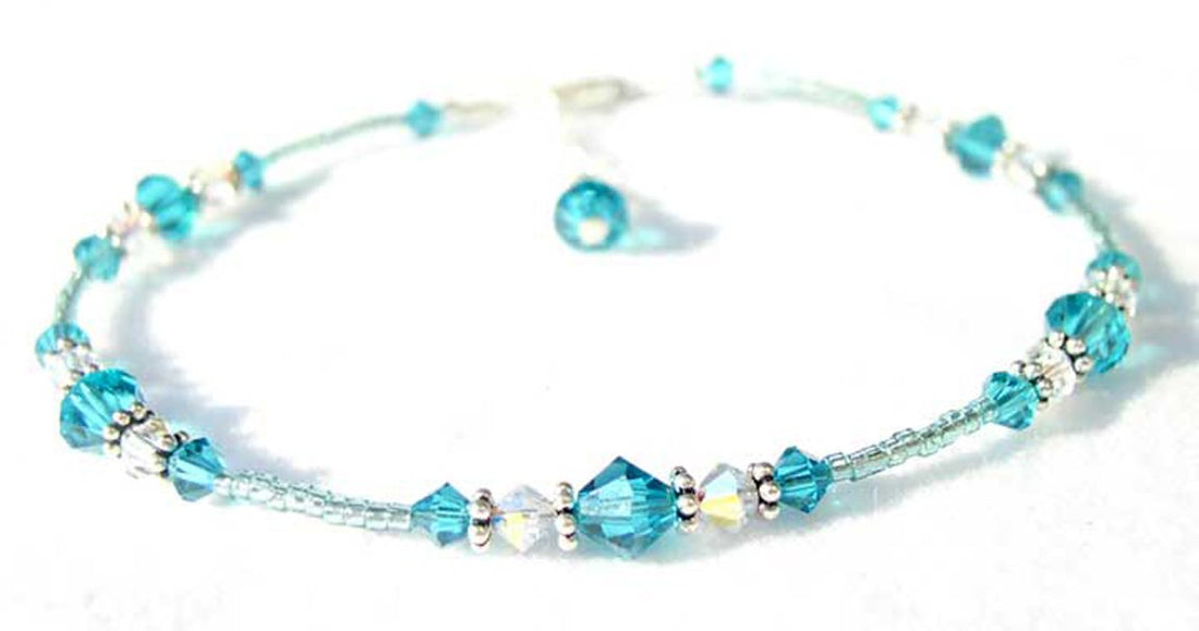 Blue Zircon Anklet, December Silver Handmade Birthstone Crystal Beaded Ankle Bracelet Birthday Gift for Her