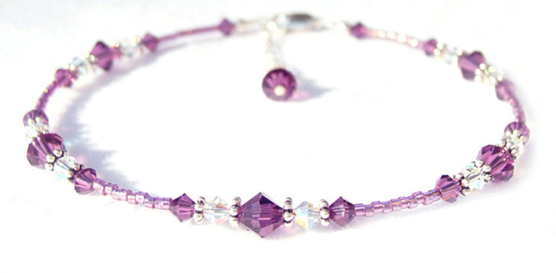 Amethyst Anklet, February terling Silver Handmade Birthstone Crystal Beaded Ankle Bracelet Birthday Gift for Her