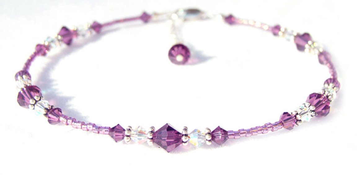Amethyst Anklet, February terling Silver Handmade Birthstone Crystal Beaded Ankle Bracelet Birthday Gift for Her