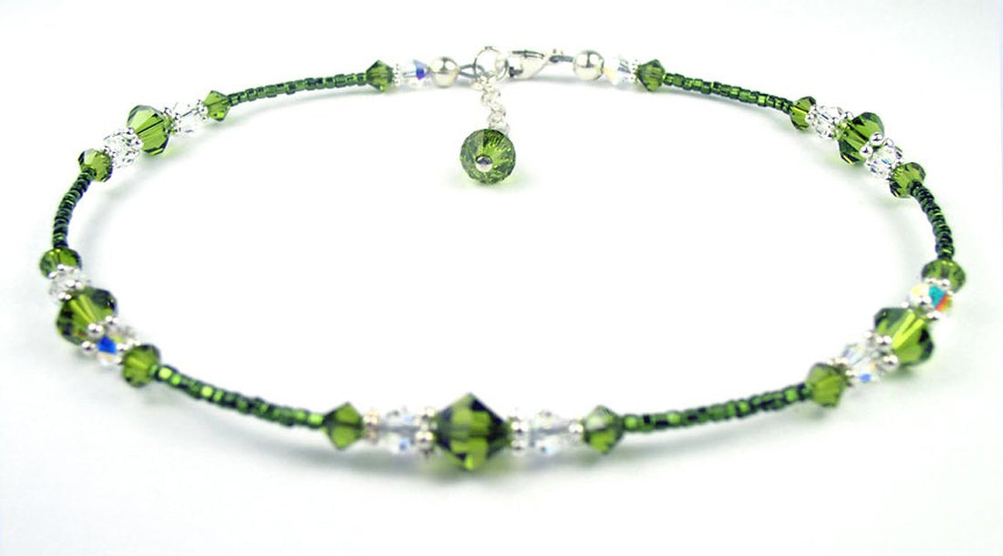 Dark Peridot Anklet,. August Birthstone Anklet, Handmade Crystal Beaded Ankle Bracelets